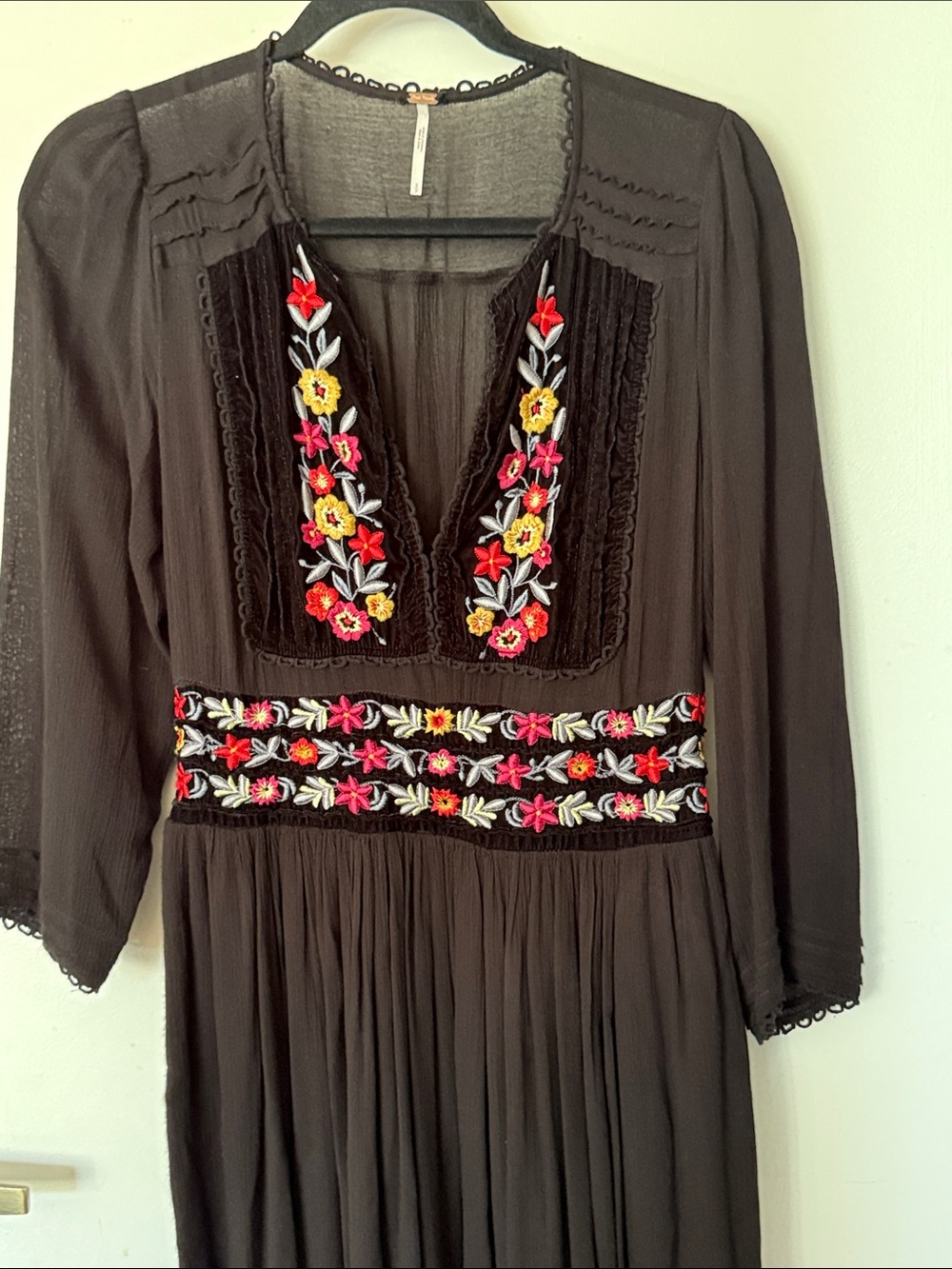 Free People Black Midi Dress with Colorful Floral Embroidery - Picture 5 of 9